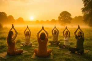 Group of diverse people practicing outdoor sunrise yoga in nature, reflecting community wellness, mindfulness, and holistic health.