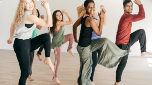 happy people doing cardio yoga